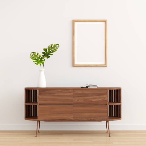 holz sideboard im wohnzimmer-interieur mit rahmen-mockup, 3d-rendering - anrichte stock-fotos und bilder