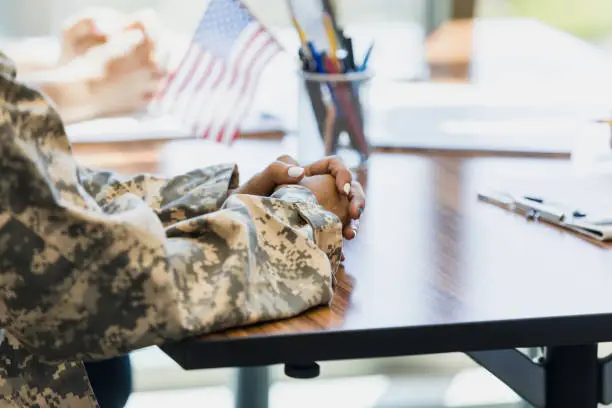 Photo of Close up of unrecognizable female soldier's clasped hands