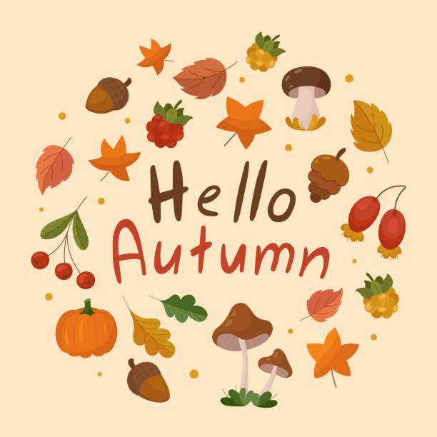 Hello autumn cute clip art elements. Fall stuff like mushrooms, oak, birch, maple, aspen leaves, wild rose, acorn, pumpkin, cranberry and cloudberry. aspen leaf stock illustrations