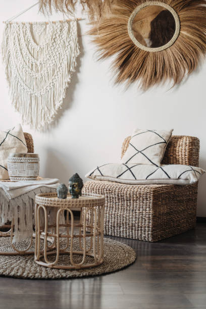 istock Hygge living room with boho interior design 1340764622