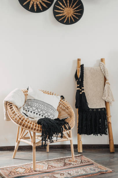 istock Hygge living room with boho interior design 1340766223