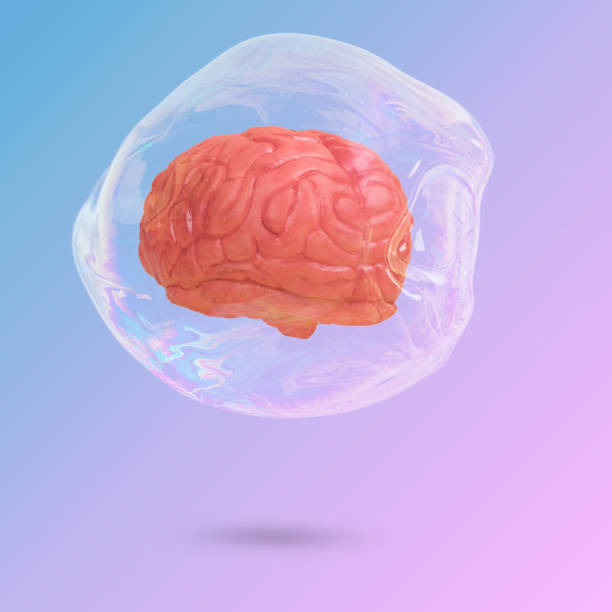 istock Creative minimal scene with a human brain floating  in a transparent soap bubble levitating in the air on a trendy background illuminated by a blue and pink color gradient. 1340770232