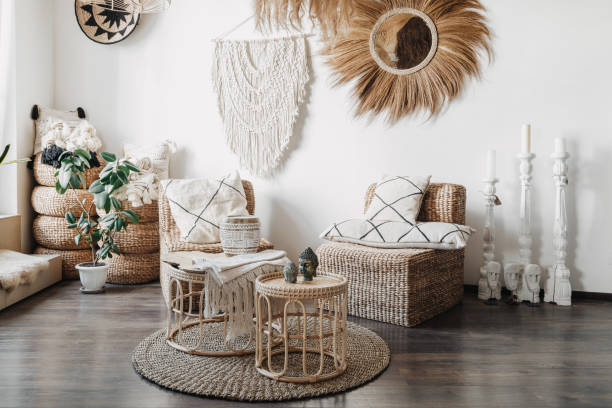 istock Living room with boho interior design and home decor 1340770333