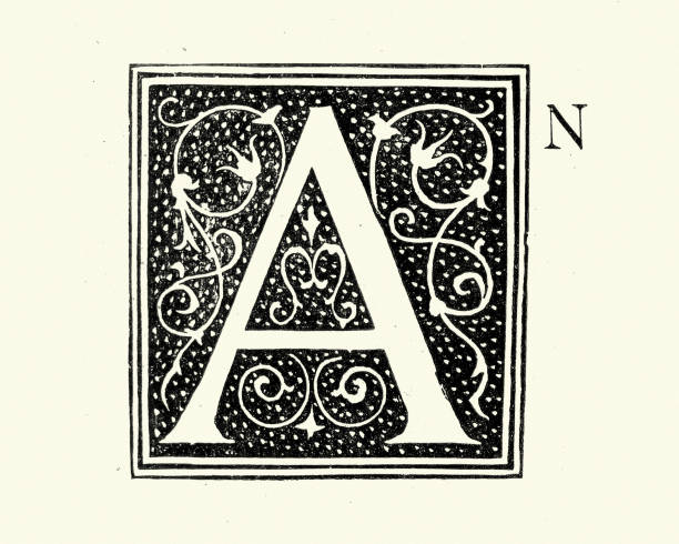 викторианская заглавная буква a, an - ornate text medieval illuminated letter engraved image stock illustrations