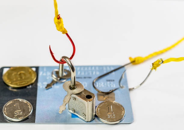 istock Fish hook, lock key and credit card on white background. 1340771973