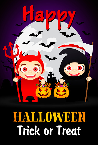 Happy Halloween Trick or Treat poster with kids in costumes devil and grim Reaper. Halloween greeting card. Vector illustration