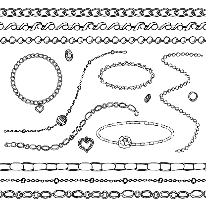 Set - women's fashion. Bracelets, beads, chains, pendants, ring, beads. Contour, black and white. Chains are endless, seamless pattern brushes. Vector.