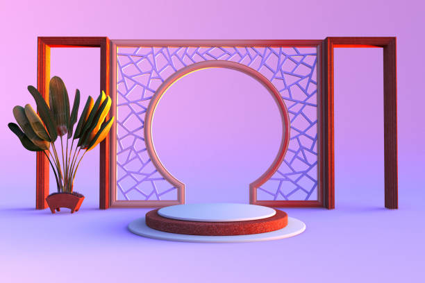 istock Minimal scene with geometrical forms. Primitive shapes, round arch. Pink and violet scene with palm. 1340775860