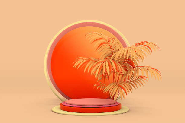 istock 3d podium with orange palm, empty pedestal for product presentation & abstract background. Mockup Geometric shape in autumn palette colors. 1340775889