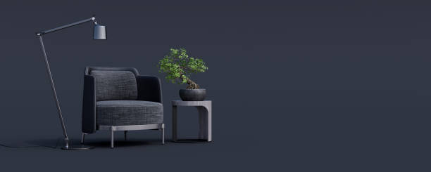 istock Creative interior design in black studio with armchair. Minimal concept 3d render 1340776874