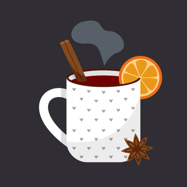 A cup of mulled wine with orange, star anise and a cinnamon. White mug with hearts on a black background. Hot drink. Vector flat illustration. A cup of mulled wine with orange, star anise and a cinnamon. White mug with hearts on a black background. Hot drink. Vector flat illustration. Vector illustration mulled wine stock illustrations