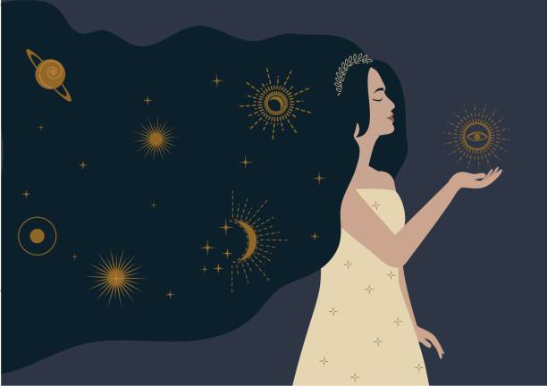 Mysterious woman Vector Space illustration with stars in hair Mysterious woman Vector Space illustration. Flat style Female character. Astrology, spiritual elements in hair. Celestial cosmic design woman fortune telling stock illustrations