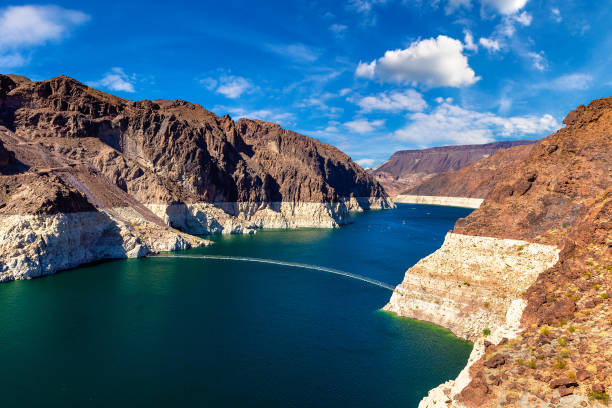 Lake Mead near Hoover Dam Colorado river. Low water level strip on cliff at lake Mead. View from Hoover Dam at Nevada and Arizona border, USA colorado river photos stock pictures, royalty-free photos & images