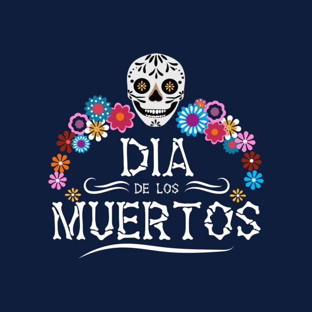 ilustraciones, imágenes clip art, dibujos animados e iconos de stock de tarjeta de felicitación del día de los muertos con calavera sonriente y flores mexicanas. - rood