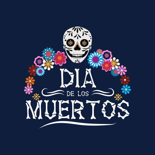 Dia de los Muertos greeting card with smiling skull and mexican flowers. Dia de los Muertos greeting card with smiling skull and mexican flowers. Day of the dead typography design template. Vector illustration. Mexican holiday background, banner, poster, invitation rood stock illustrations