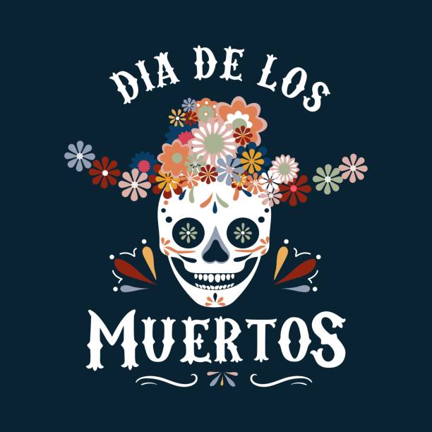 Dia de los Muertos greeting card with smiling skull in hat and flowers Dia de los Muertos greeting card with smiling skull in hat and flowers. Day of the dead design template in flat style. Vector illustration. Mexican holiday background, banner, poster, invitation etc rood stock illustrations