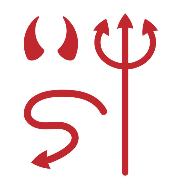 wektorowy zestaw czerwonych rogów diabła ogon i trójząb - devil stock illustrations