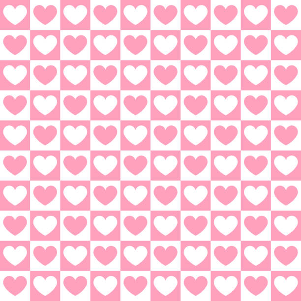 Vector seamless pattern of pink chess board checkered texture and hearts Vector seamless pattern of pink chess board checkered texture and hearts isolated on white background ska stock illustrations