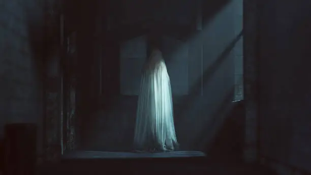 Photo of Floating Ghost Evil Spirit Looking Over Her Shoulder in a Derelict Asylum Hospital
