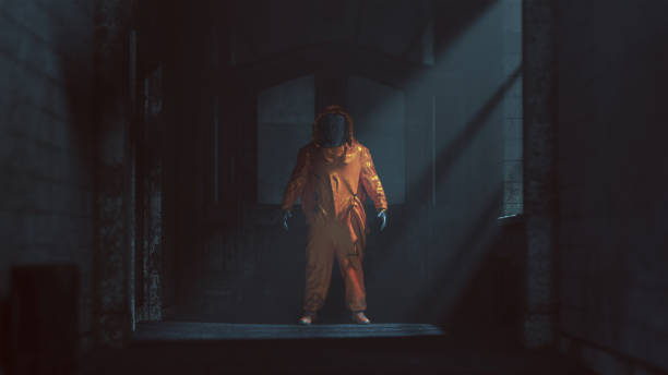 Hazmat NBC Suit in a Derelict Asylum Hospital Hazmat NBC Suit in a Derelict Asylum Hospital 3d Illustration render abandoned place stock pictures, royalty-free photos & images
