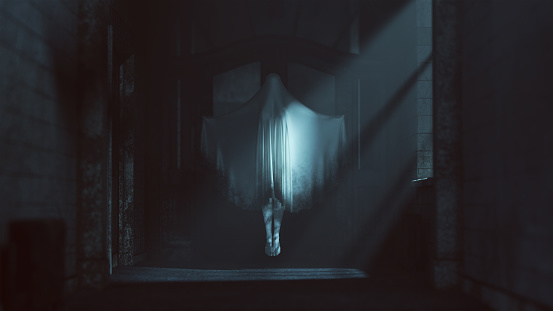 Floating Ghost Evil Spirit Arms Out Stretched in a Derelict Asylum Hospital 3d Illustration