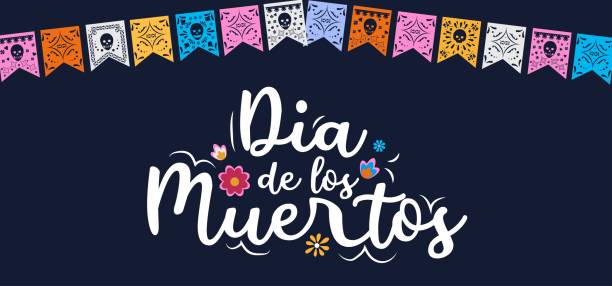 Day of the dead banner with flags and hand drawn style inscription. Day of the dead banner with flags and hand drawn style inscription. Dia de los Muertos design template. Vector illustration. Mexican traditional flat style design for greeting card, poster, banner etc rood stock illustrations
