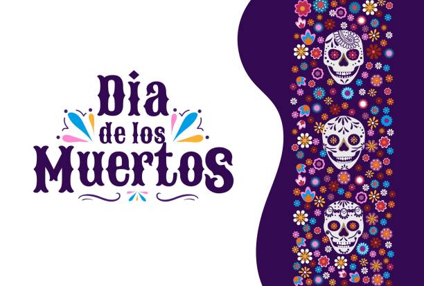 ilustraciones, imágenes clip art, dibujos animados e iconos de stock de plantilla de diseño colorido del día de los muertos con calaveras y flores - dia de muertos