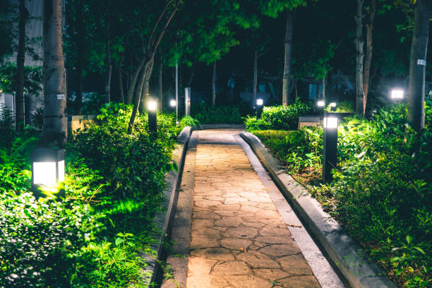 дорожка в саду ночью - formal garden ornamental garden lighting equipment night стоковые фото и изображения