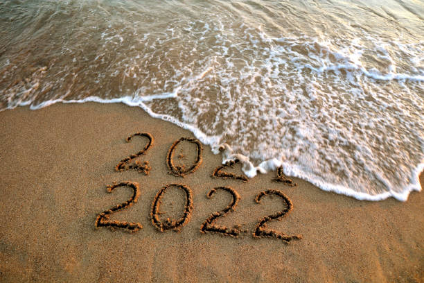 istock New year 2022 and 2021 on sandy beach with waves 1340783991