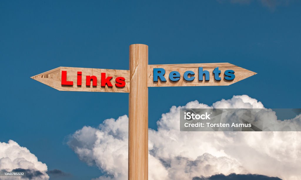 Street sign shows the direction left and right against a cloudy background. The word Links (left) and Rechts (right) on the planks, symbolic for geographical or political direction. 3D Render Opposition Party Stock Photo