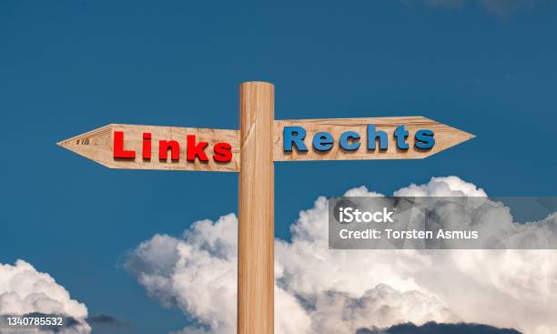 Street Sign Shows The Direction Left And Right Against A Cloudy Background The Word Links On The Planks Symbolic For Geographical Or Political Direction Stock Photo - Download Image Now