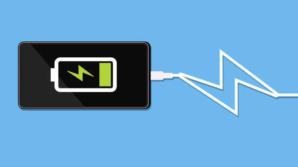 istock Phone charging with energy bank. Smartphone and line wire. Eps10 1340786064