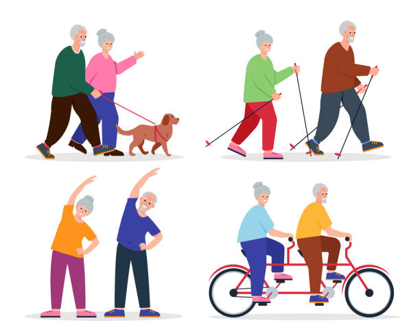 illustrations, cliparts, dessins animés et icônes de activités pour les personnes âgées heureuses. mode de vie de couple senior - nordic running