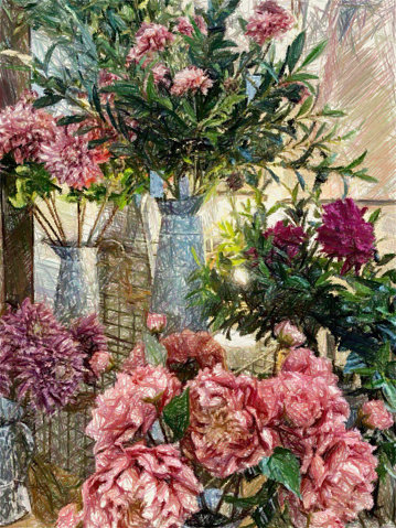 My original photo of bunches of pink-toned flowers in a store has been transformed using a photography App to create a beautiful colour pencil, vintage feel to the image