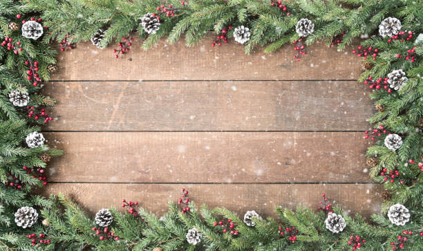 istock Christmas Garland Frame on Wood 1340796870