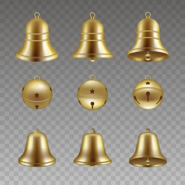 Vector illustration of set of isolated gold bells vector. christmas bells.