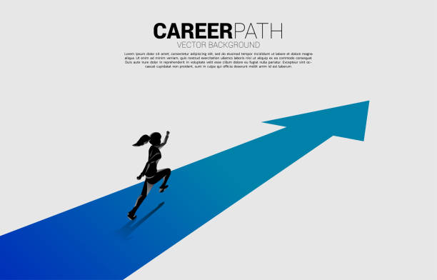istock Silhouette of businesswoman running on forward arrow. 1340802874