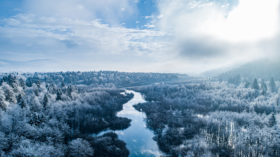 Aerial View on River and Forests in Winter Morning.
