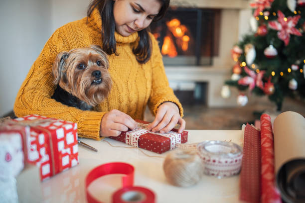 istock Woman wrapping presents with her little dog 1340808951