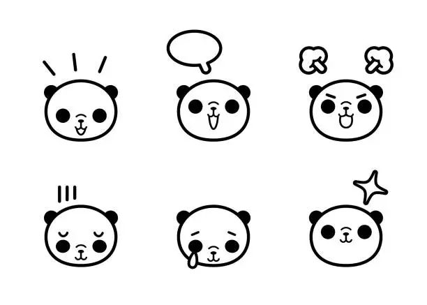 Vector illustration of Cute panda icon set with six facial expressions in black and white