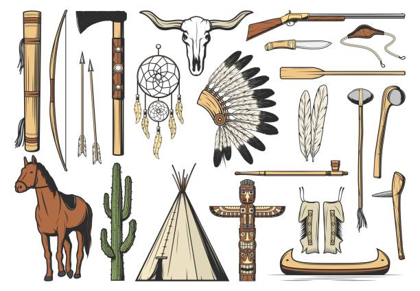 아메리카 원주민 부족 고립 아이콘 - north american tribal culture arrow arrowhead bow and arrow stock illustrations