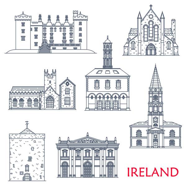 Ireland architecture, Kilkenny, Tholsel, Waterford Ireland architecture landmarks and buildings, travel sightseeing vector icons. Munster Saint Trinity church, St Canice Cathedral, Black Abbey and Kilkenny castle, Tholsel City Hall and Reginald Tower Abbey stock illustrations