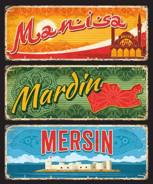 Vector illustration of Mersin, Mardin, Manis Turkey il province plates