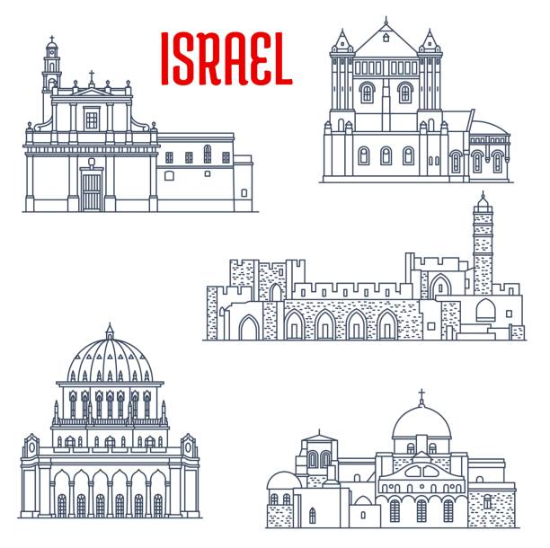 Israel landmark churches, temple buildings, Haifa Israel landmarks and architecture, churches and temples buildings, vector icons. Israel sightseeing David Citadel, Church of Sepulchre of Saint Mary, or Tomb of Virgin, Holy Sepulchre and Bahai temple tomb of the virgin mary in jerusalem stock illustrations