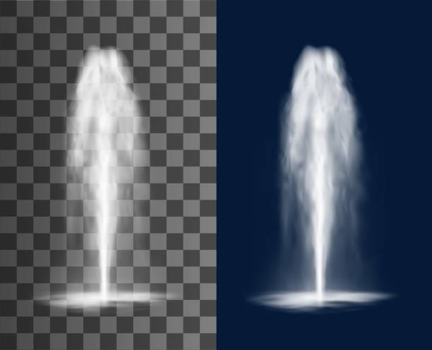 Fountain cascade, vertical water jets and splashes Vertical fountain with cascade of water jets and splashes, vector isolated realistic 3d on transparent background. Waterfall stream spray of fountain water jets or geyser and aqua spring eruption drinking fountain stock illustrations