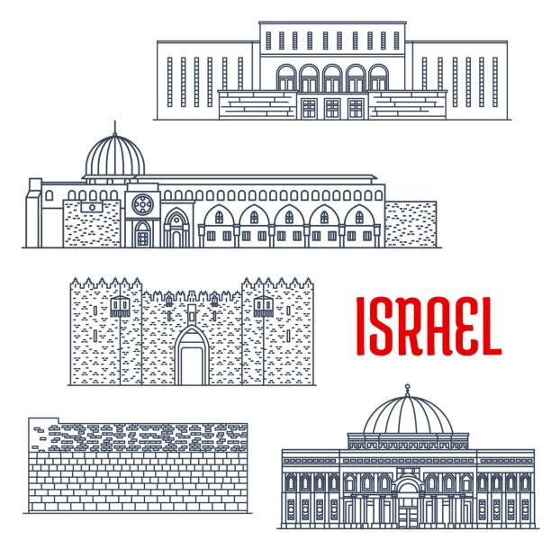illustrazioni stock, clip art, cartoni animati e icone di tendenza di monumenti di viaggio in israele, architettura di gerusalemme - jerusalem