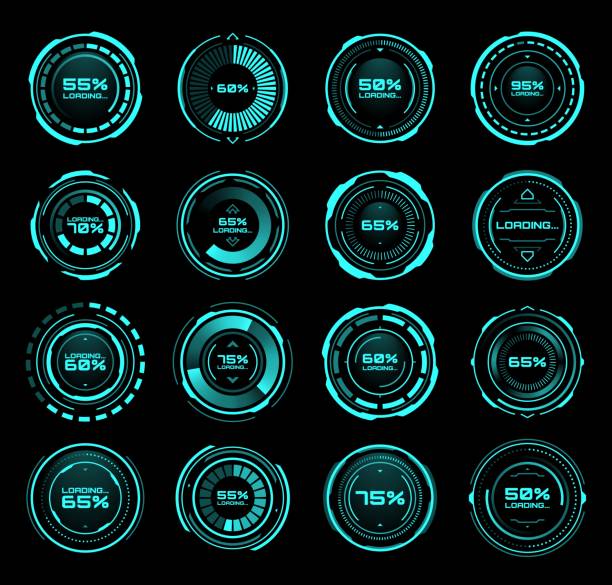 HUD loading bars, digital process status interface HUD futuristic loading bars of process and status interface vector icons. Digital technology panel with HUD downloading bars on neon screen or dashboard controls on display with percent status sound bars blue stock illustrations