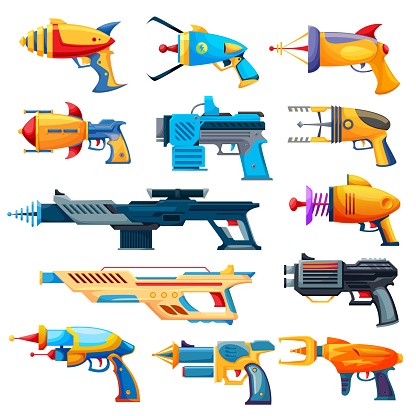 Blaster guns, cartoon vector handguns and rayguns weapon. Toys for kids game, alien space arms or child pistols and laser weapon isolated on white background, military arms ui design elements set