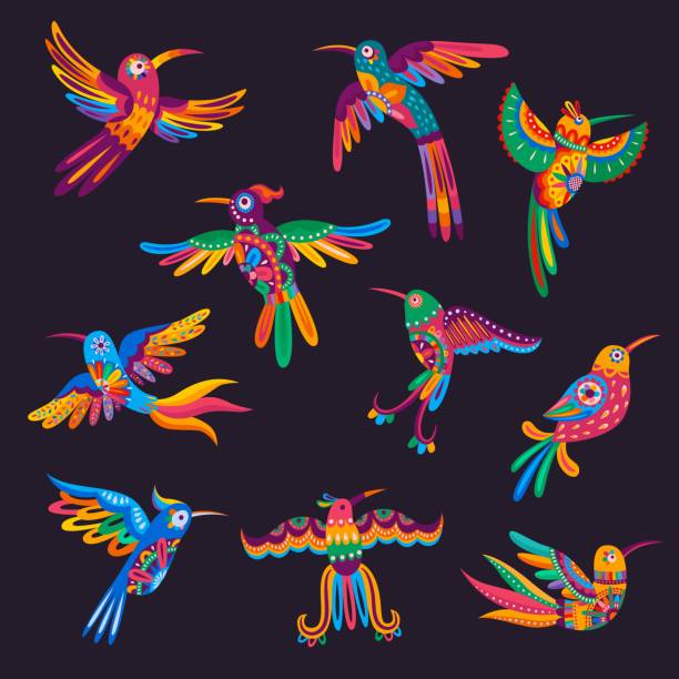 meksykańskie kolibry i papugi, ptaki alebrije - egzotyczny ptak obrazy stock illustrations