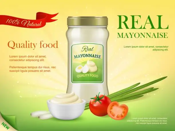 Vector illustration of Natural mayonnaise sauce glass jar promo banner